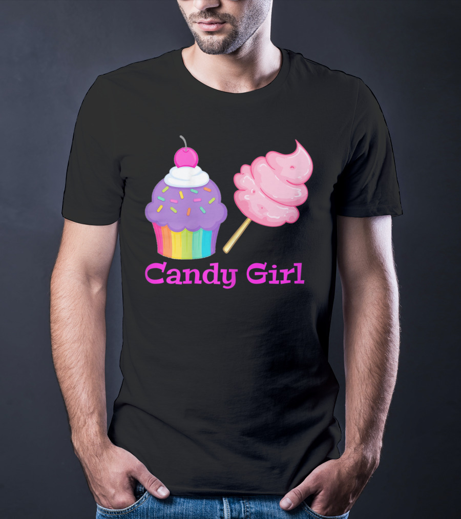 Candy Girl Cupcake And Cotton Candy Rainbow Sprinkles Cherry Top And Pink Swirl T-Shirt