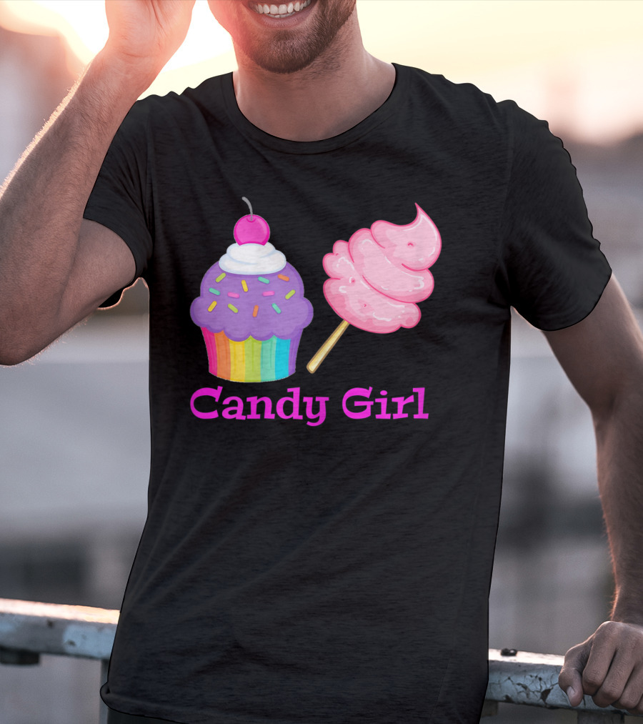 Candy Girl Cupcake And Cotton Candy Rainbow Sprinkles Cherry Top And Pink Swirl T-Shirt