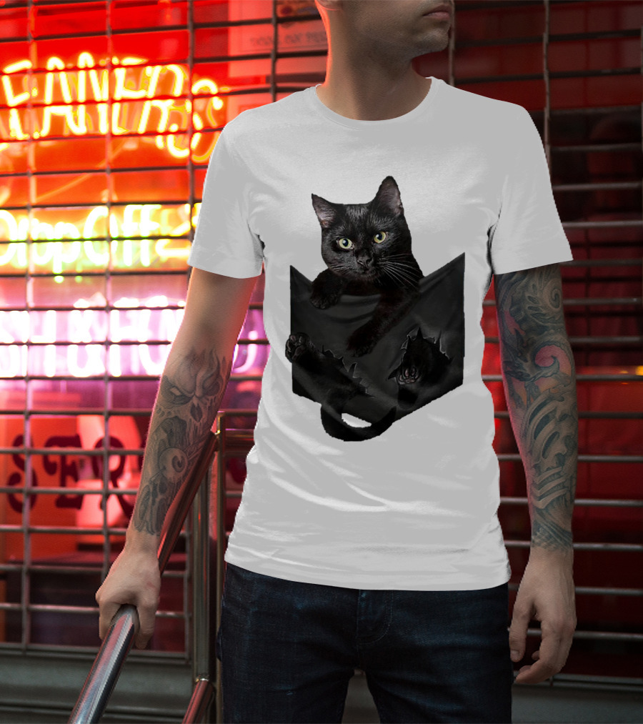 Cat In Pocket Black Cat Inside Pocket Bac Playful T-Shirt