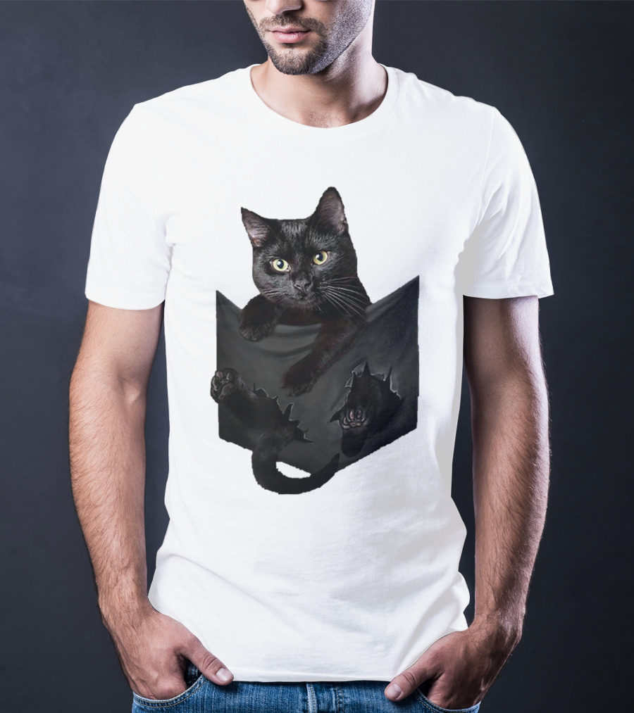 Cat In Pocket Black Cat Inside Pocket Bac Playful T-Shirt