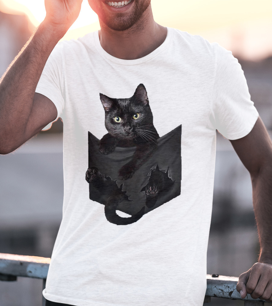 Cat In Pocket Black Cat Inside Pocket Bac Playful T-Shirt