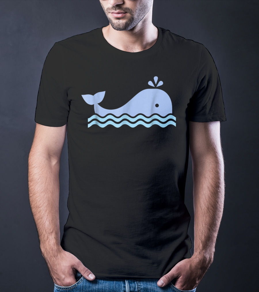 Cute Blue Whale Cartoon With Waves And Water Spout T-Shirt