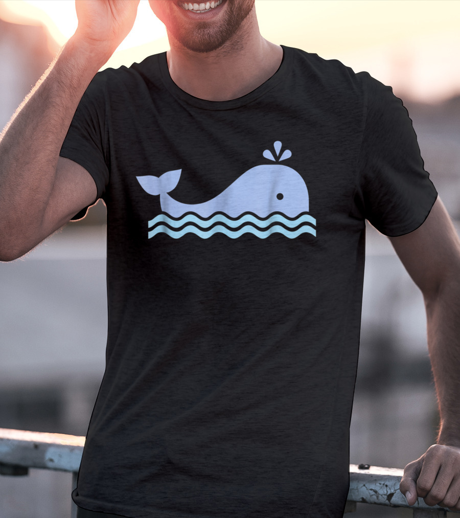 Cute Blue Whale Cartoon With Waves And Water Spout T-Shirt