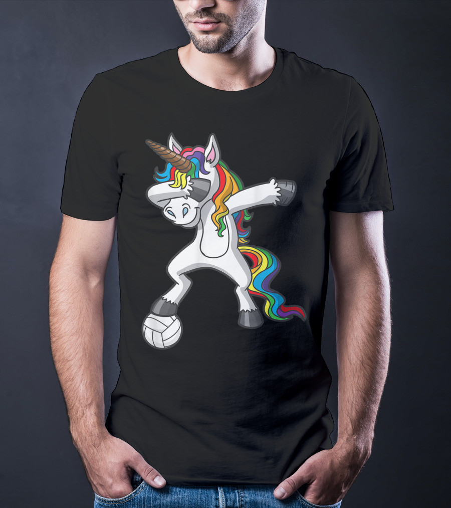 Dabbing Unicorn With Volleyball And Rainbow Mane T-Shirt