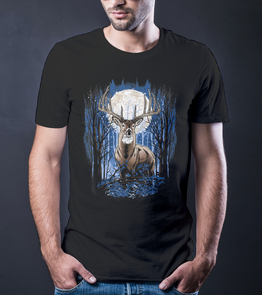 Big Whitetail Buck With Full Moon In Forest Deer For Hunters T-Shirt