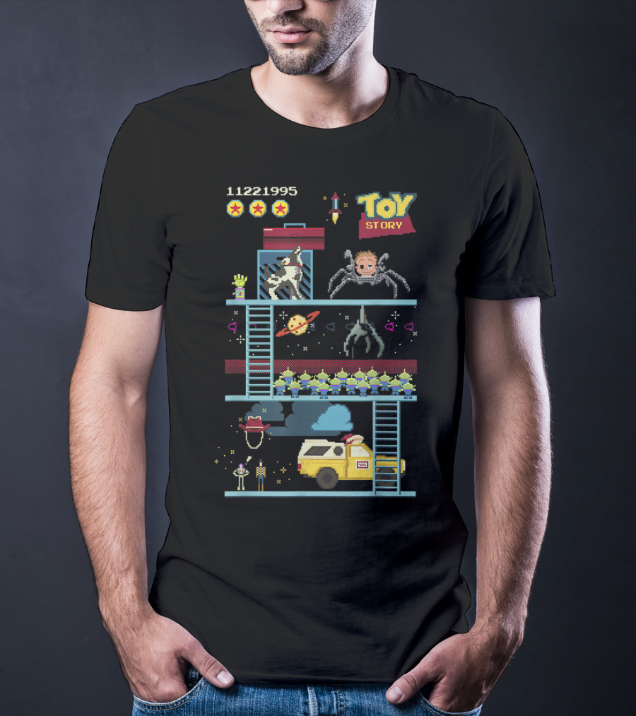 Toy Story 8 Bit Video Game Scene With Retro Pixel Art Adventure T-Shirt
