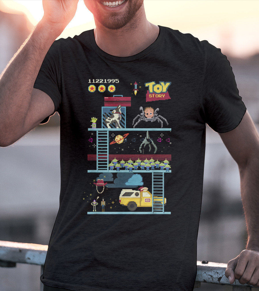 Toy Story 8 Bit Video Game Scene With Retro Pixel Art Adventure T-Shirt