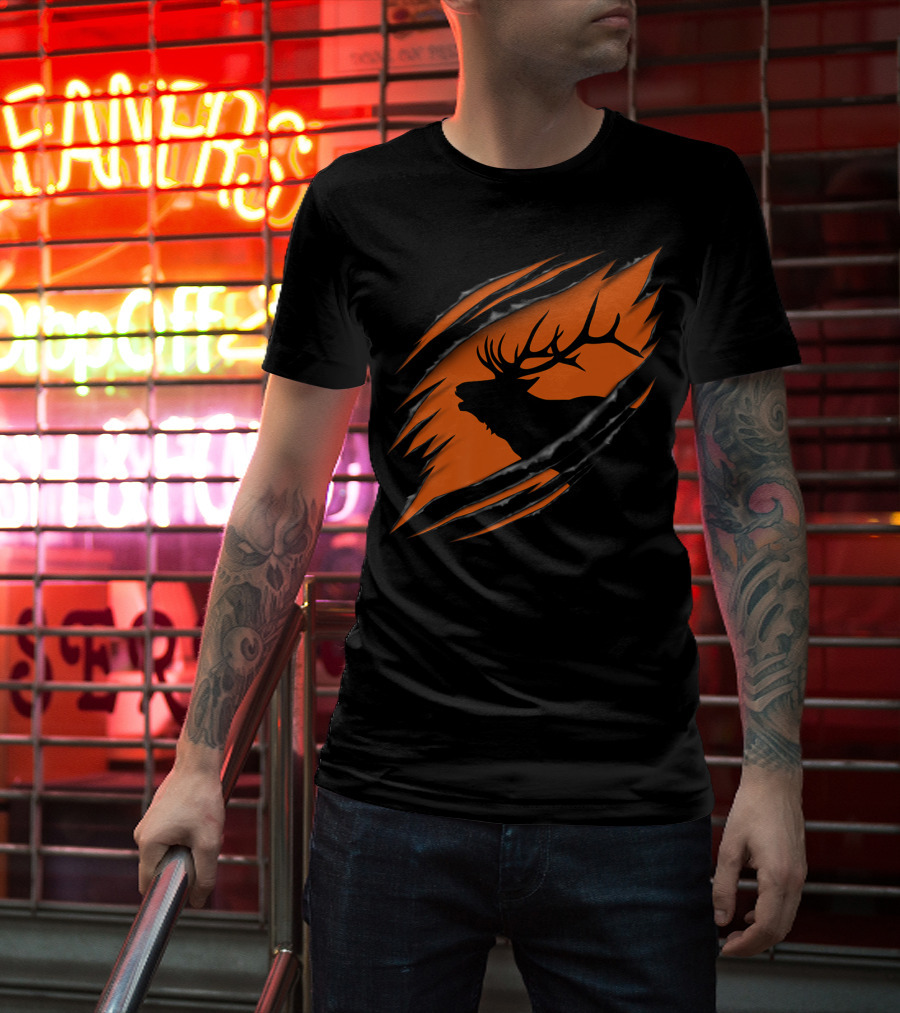 Elk Hunting Silhouette With Tear Marks On Orange T-Shirt