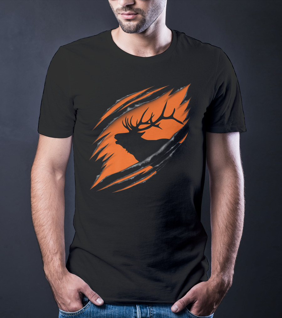 Elk Hunting Silhouette With Tear Marks On Orange T-Shirt