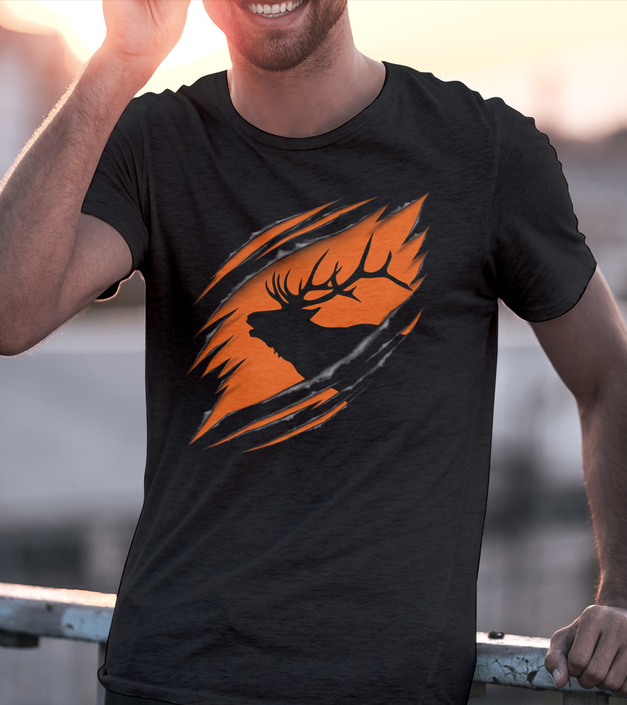 Elk Hunting Silhouette With Tear Marks On Orange T-Shirt