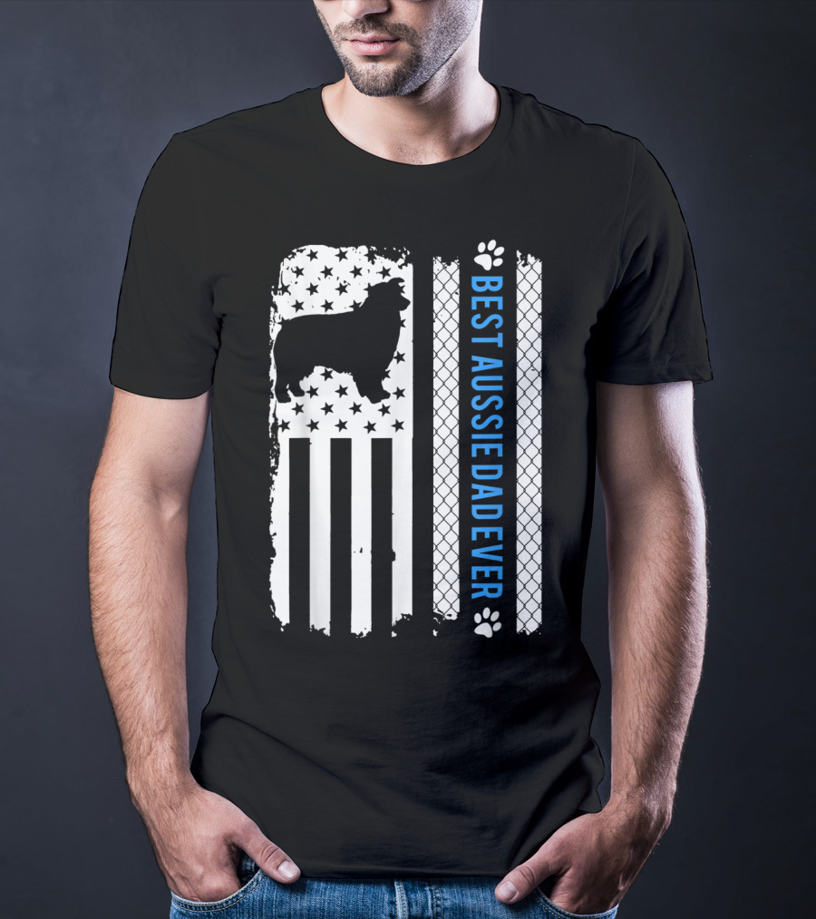Best Aussie Dad Ever American Flag Dog Silhouette And Paw Prints T-Shirt