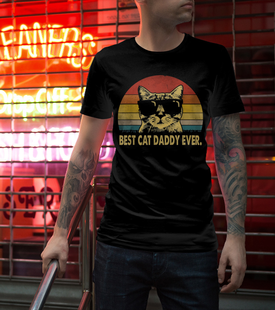 Best Cat Daddy Ever Vintage Sunglasses Cat Retro Stripes T-Shirt