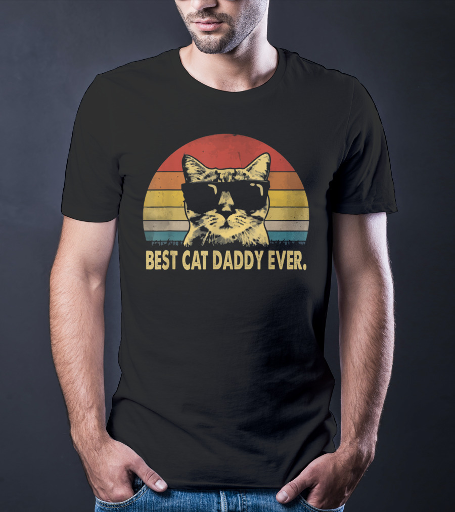 Best Cat Daddy Ever Vintage Sunglasses Cat Retro Stripes T-Shirt