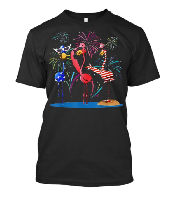 Flamingo American Flag Fireworks Patriotic Celebration With Sunglasses And Stripes T-Shirt