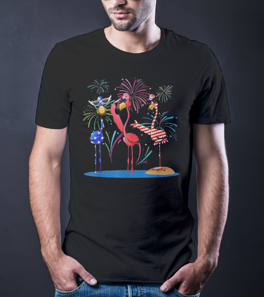 Flamingo American Flag Fireworks Patriotic Celebration With Sunglasses And Stripes T-Shirt