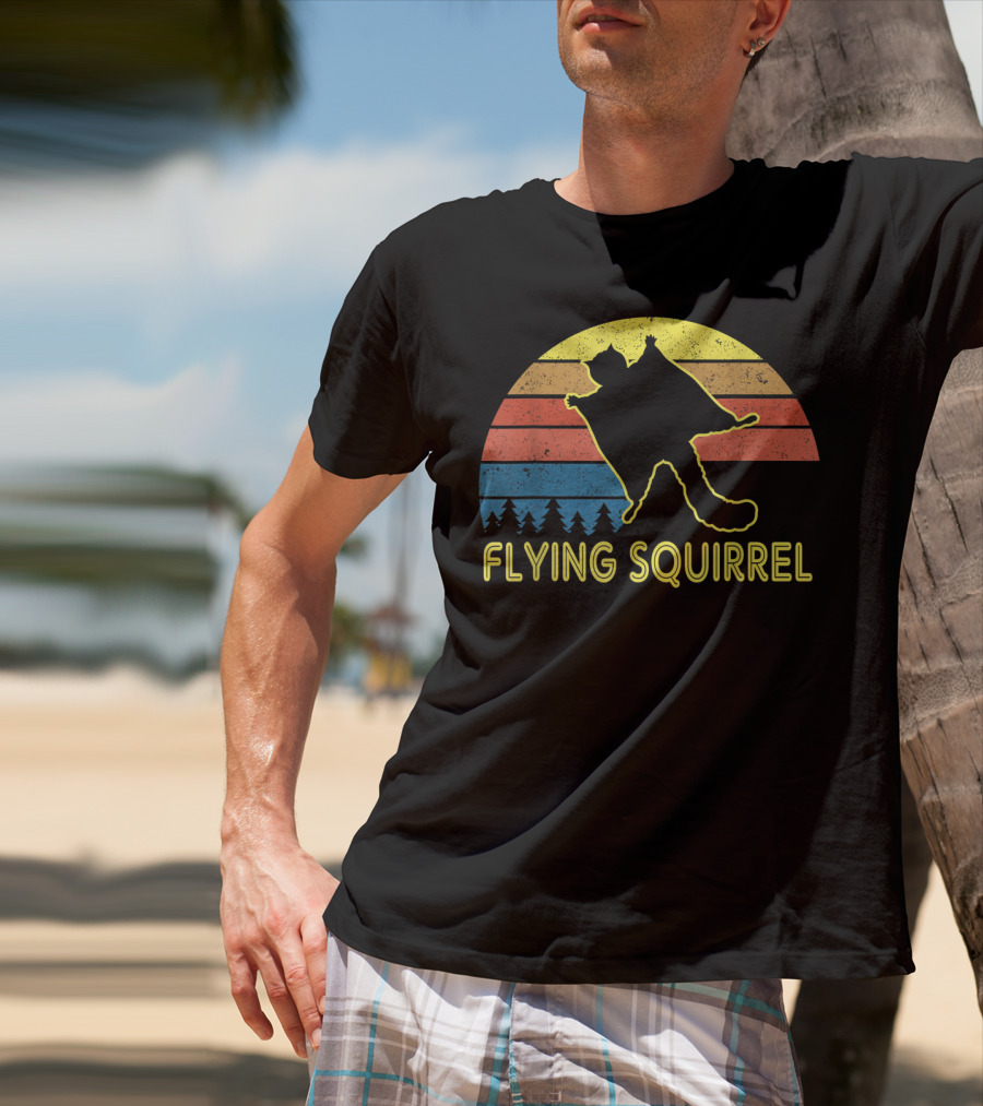 Flying Squirrel Retro Sunset With Silhouette And Forest Stripes T-Shirt