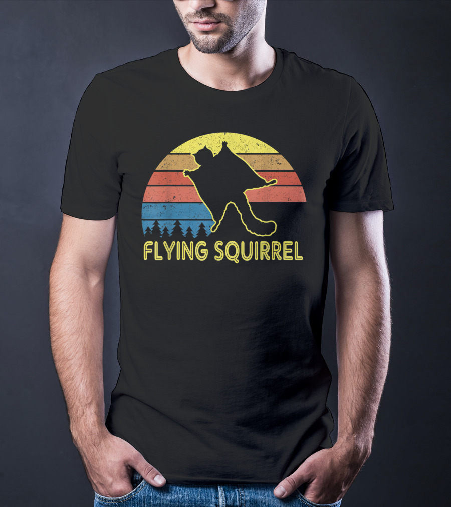 Flying Squirrel Retro Sunset With Silhouette And Forest Stripes T-Shirt
