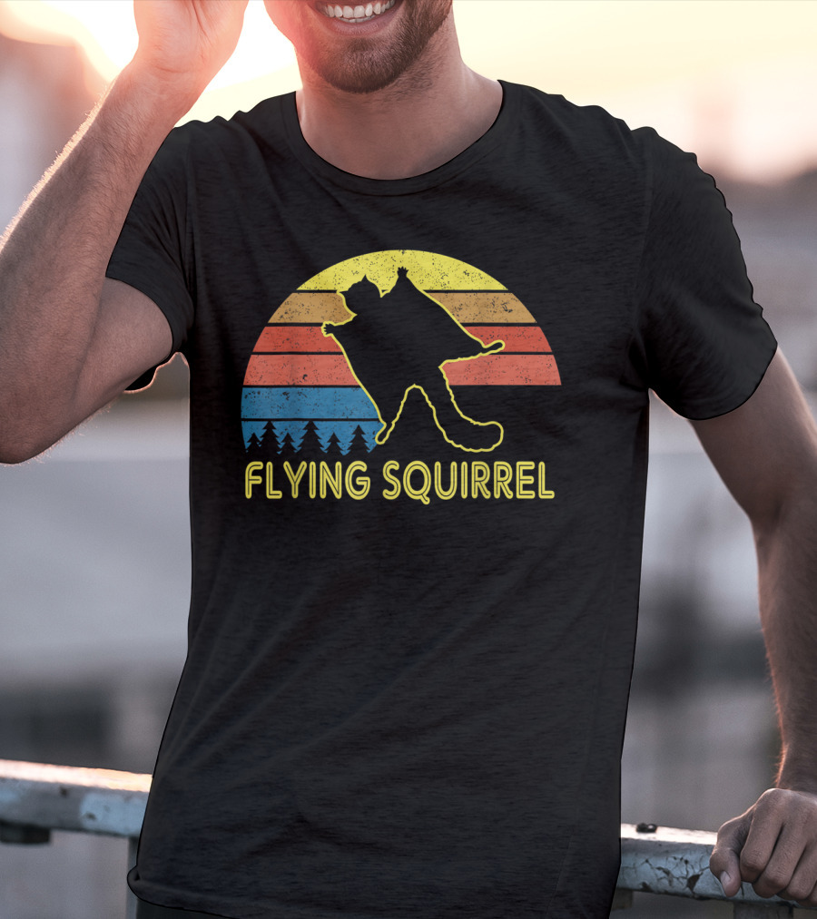 Flying Squirrel Retro Sunset With Silhouette And Forest Stripes T-Shirt