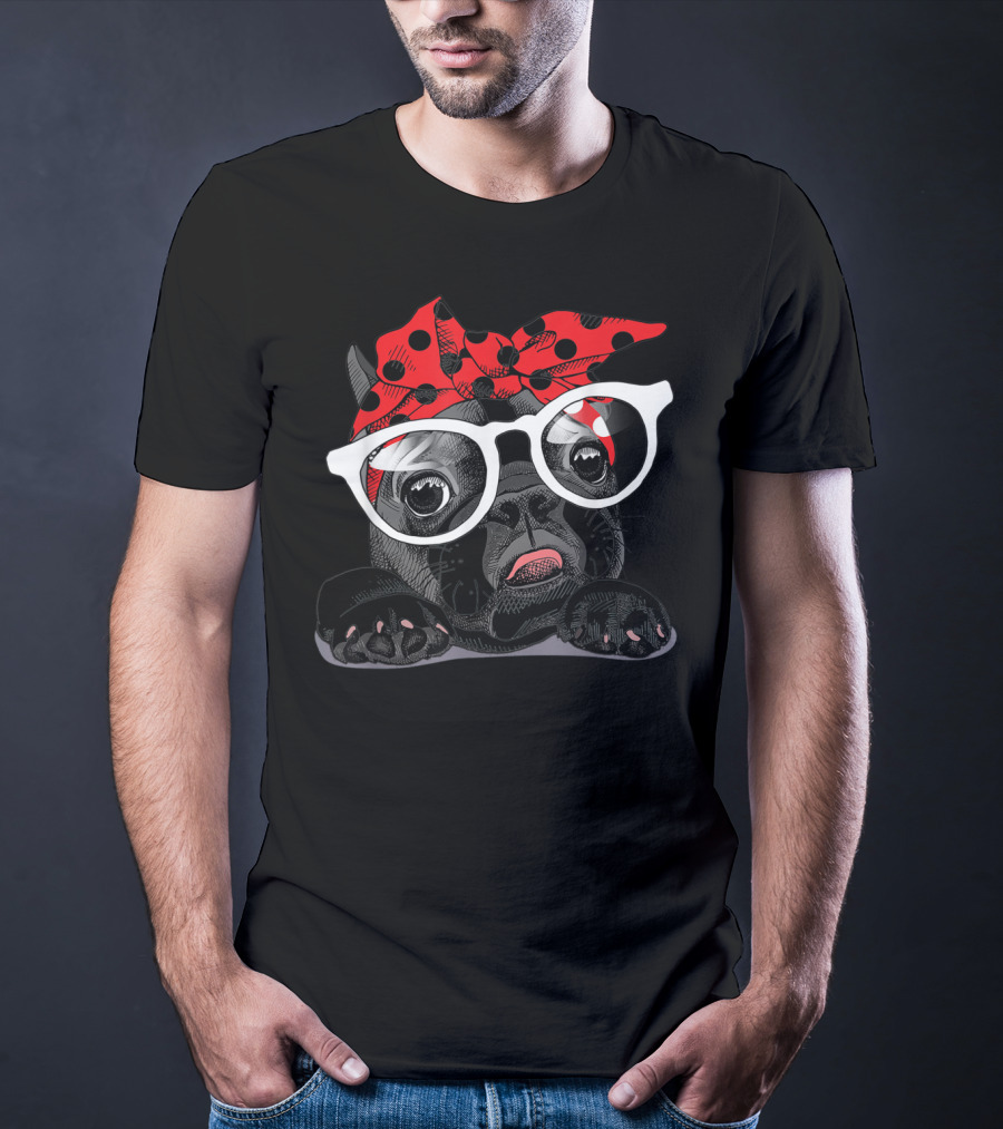 French Bulldog With Red Polka Dot Headband And White Glasses T-Shirt