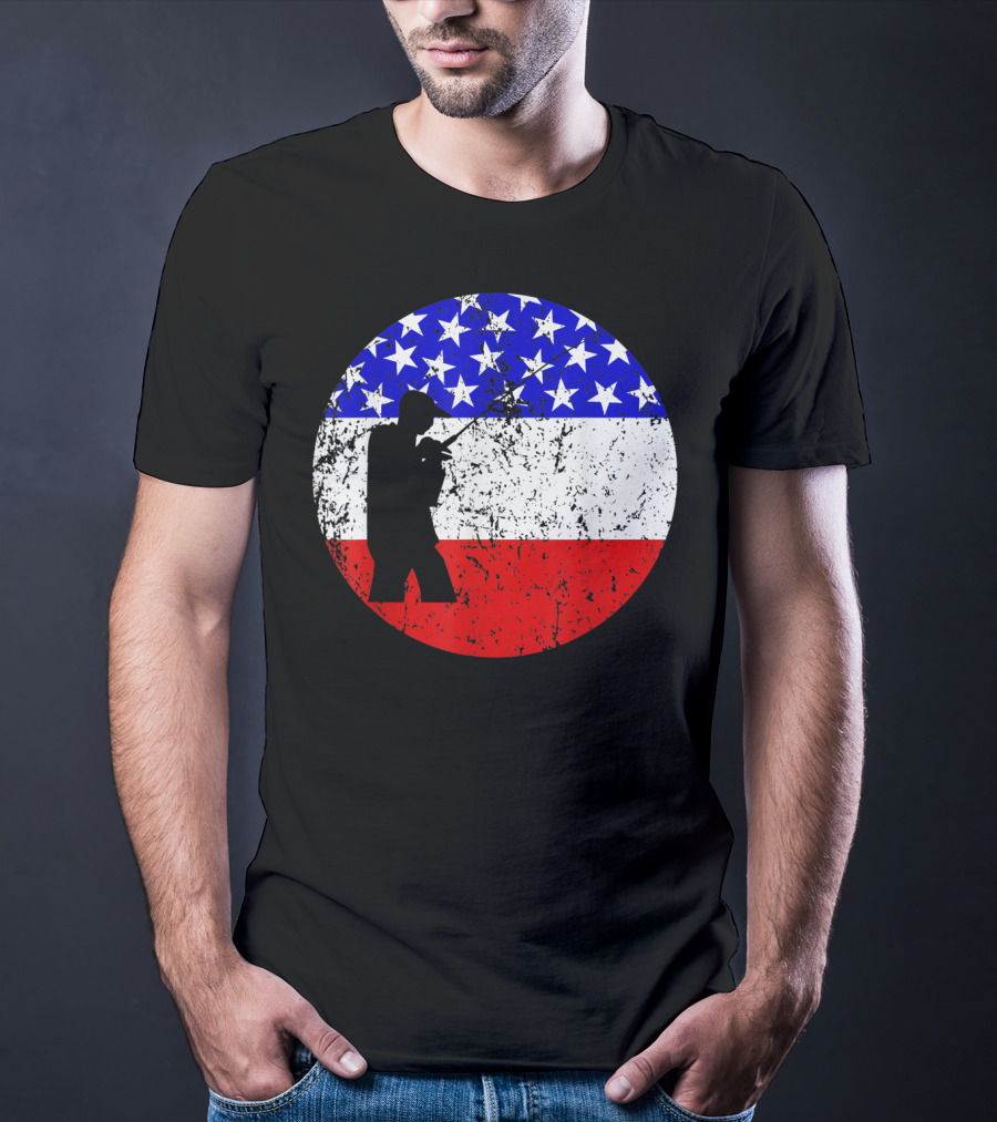 American Flag Vintage Fisherman Silhouette Rustic Retro Fishing T-Shirt
