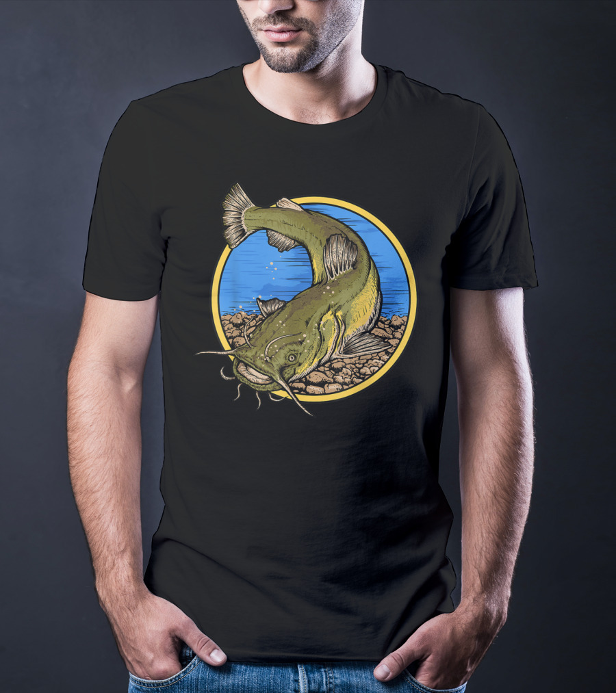 Catfish Fishing Against Colorful Water With Circle Background T-Shirt