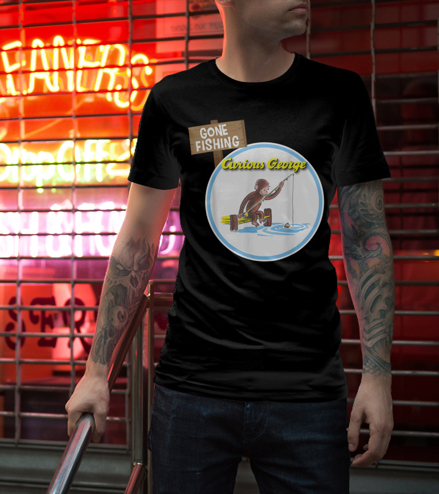 Curious George Gone Fishing Sign And Circle Scene T-Shirt