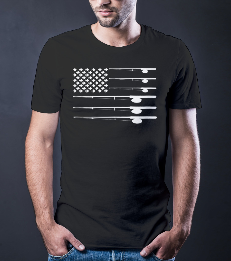 FLY ROD FISHING American Flag Fishersman T-Shirt