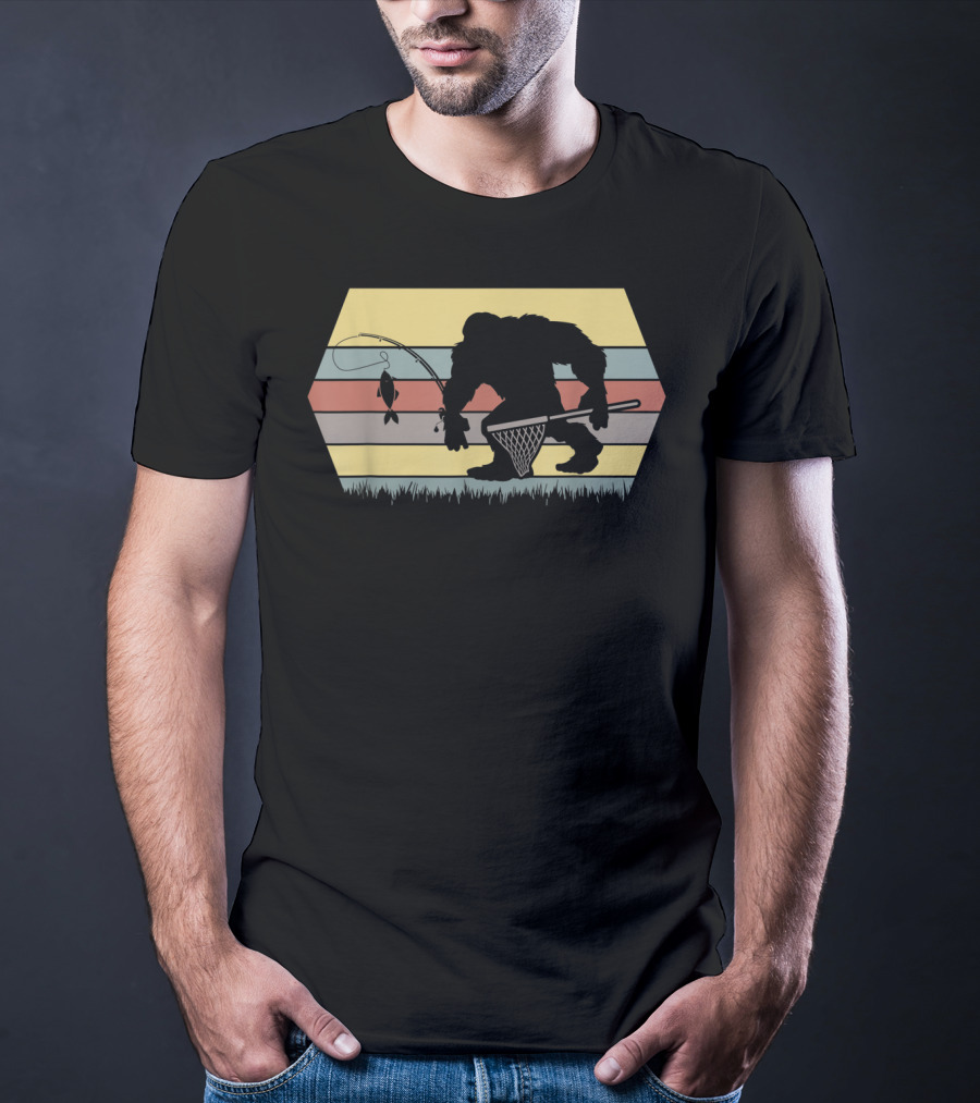 Funny Big Foot Fishing Silhouette Retro Stripes T-Shirt