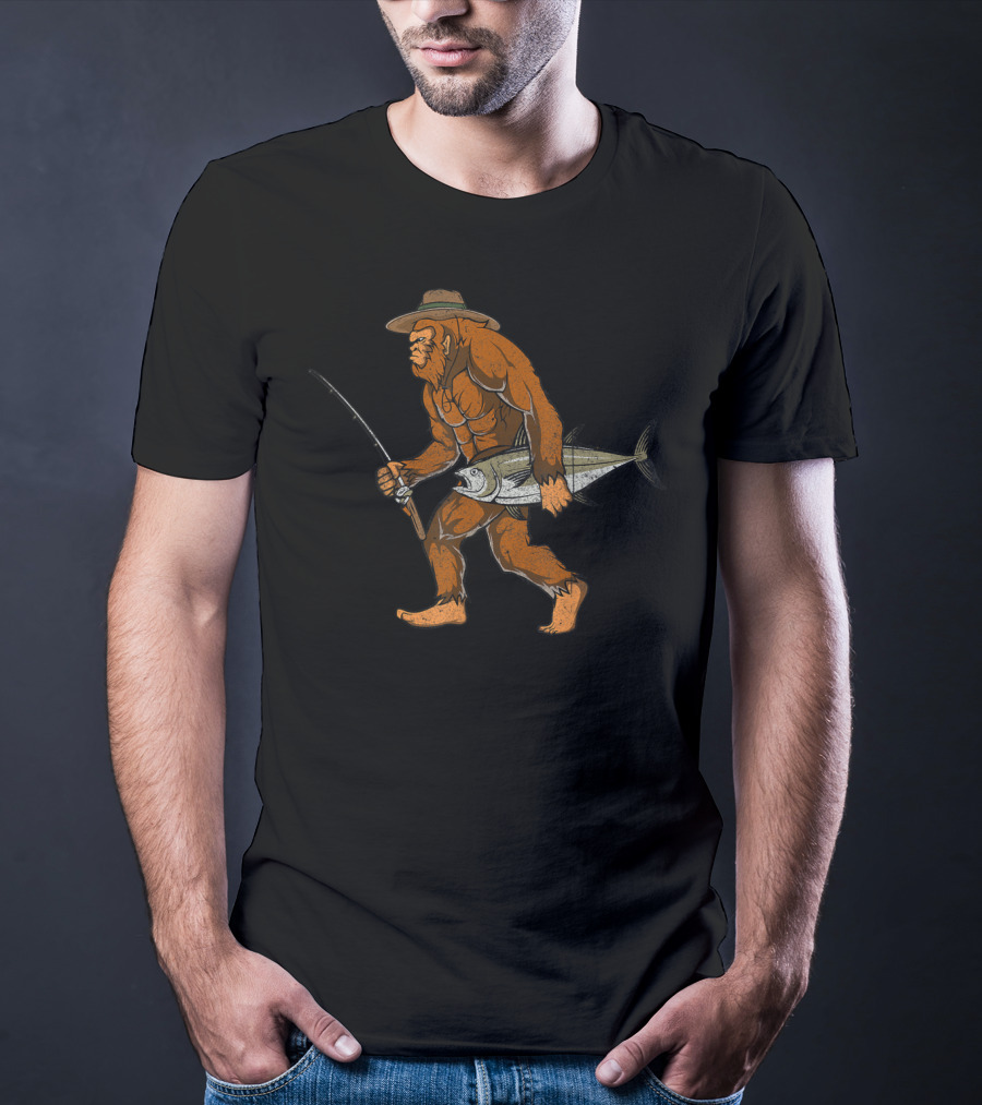 Bigfoot Bass Fisherman Catching Fish With Fishing Rod T-Shirt