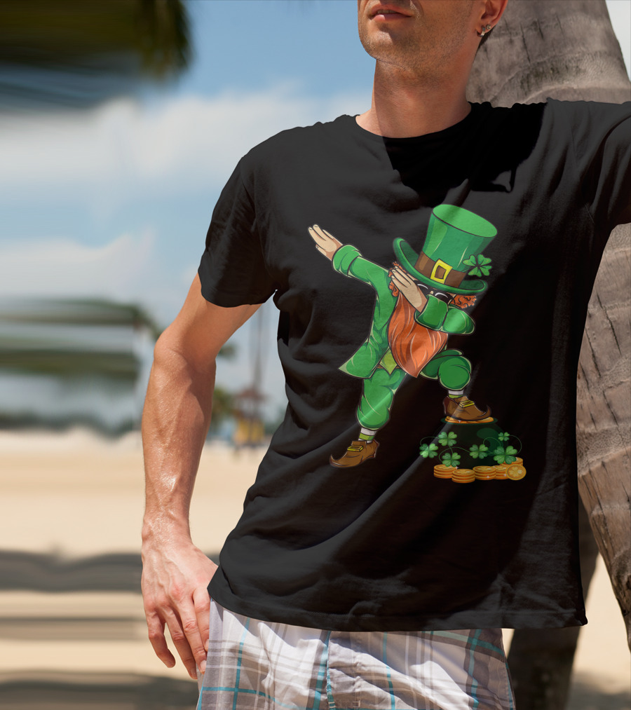 St Patricks Day Dabbing Leprechaun With Shamrocks And Gold Coins T-Shirt
