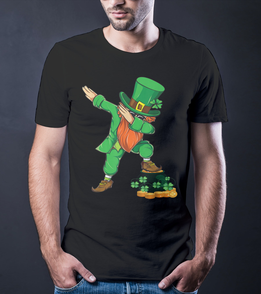 St Patricks Day Dabbing Leprechaun With Shamrocks And Gold Coins T-Shirt