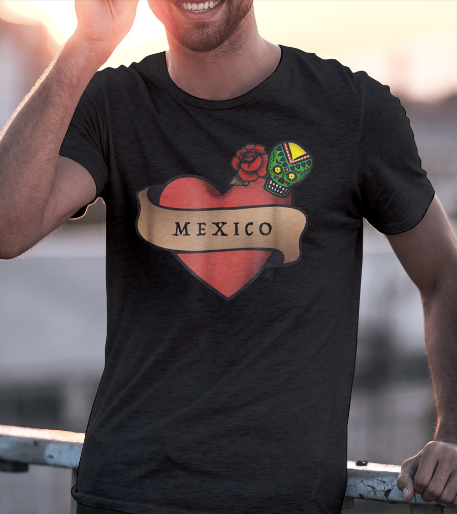 I Love Mexico Dia De Los Muertos Mexico Heart Sugar Skull Rose T-Shirt