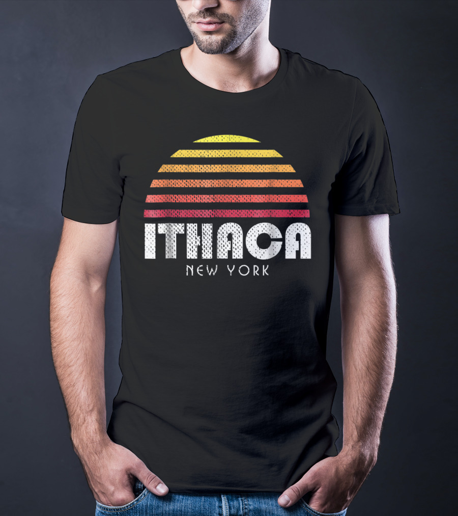 Ithaca New York Retro Striped Sunset T-Shirt