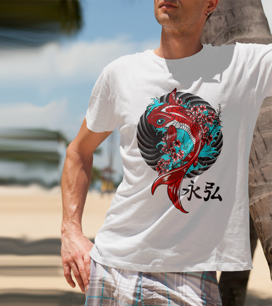 Koi Fish Floral With Japanese Characters T-Shirt