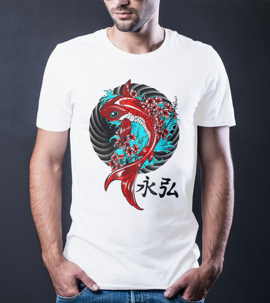 Koi Fish Floral With Japanese Characters T-Shirt