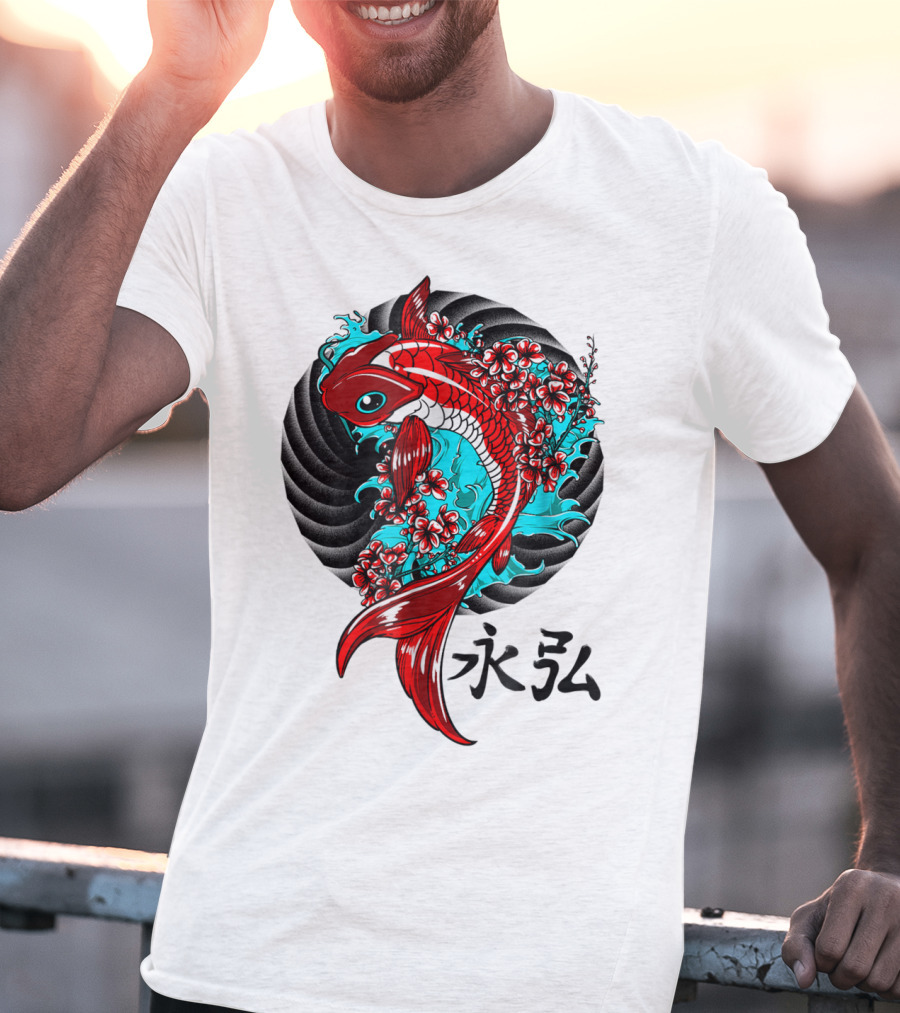 Koi Fish Floral With Japanese Characters T-Shirt