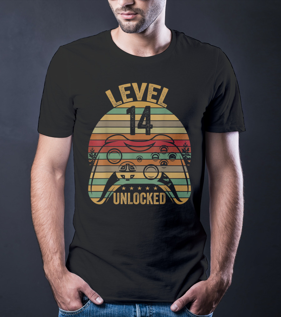 Level 14 Unlocked Gaming Themed Birthday 14 Year Old Boy Retro Controller T-Shirt