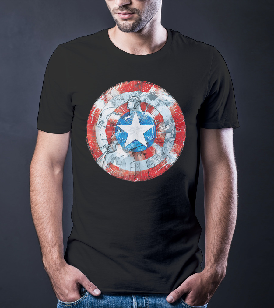 Captain America Marvel Shield With Heroic Comic Collage T-Shirt
