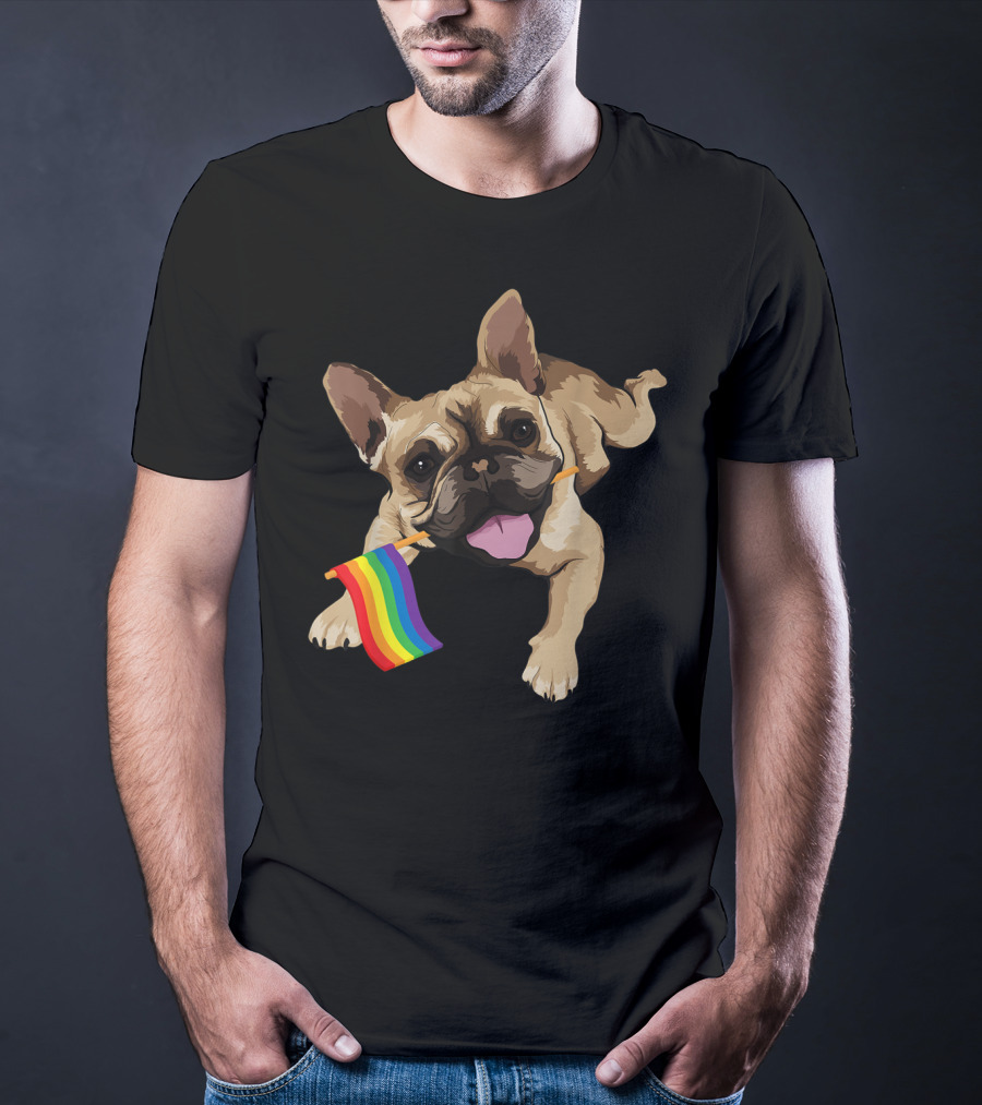 Men Women Kids French Bulldog Holding Gay Pride Flag T-Shirt