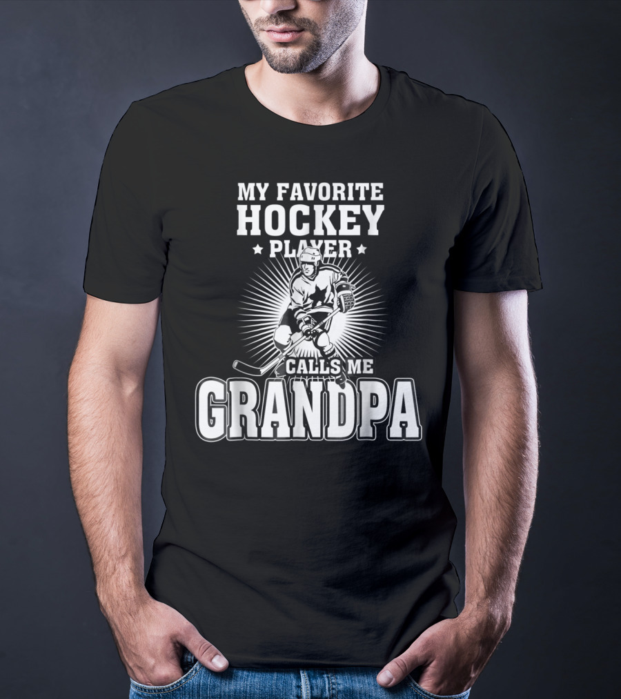 Mens My Favorite Hockey Player Calls Me Grandpa Starburst Ice Skater T-Shirt