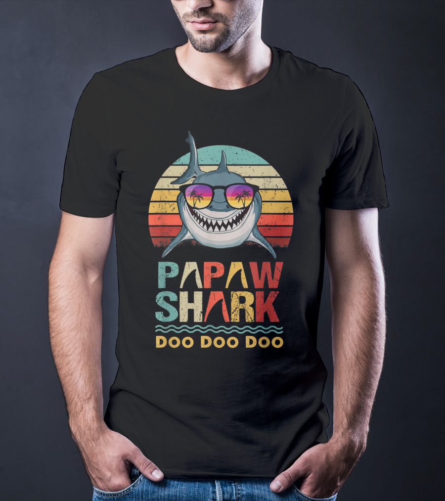 Papaw Shark Doo Doo Doo Funny Fathers Retro Sunglasses Tropical Sunset T-Shirt