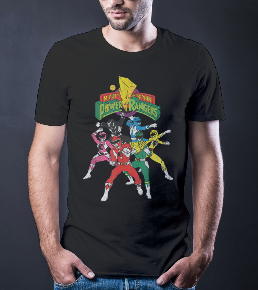 Mighty Morphin Power Rangers Full Team Pose With Original T-Shirt