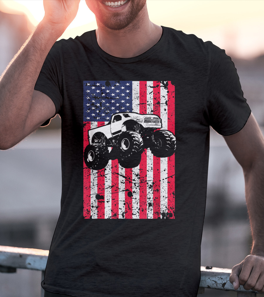 Monster Truck American Flag USA Patriotic Racing T-Shirt