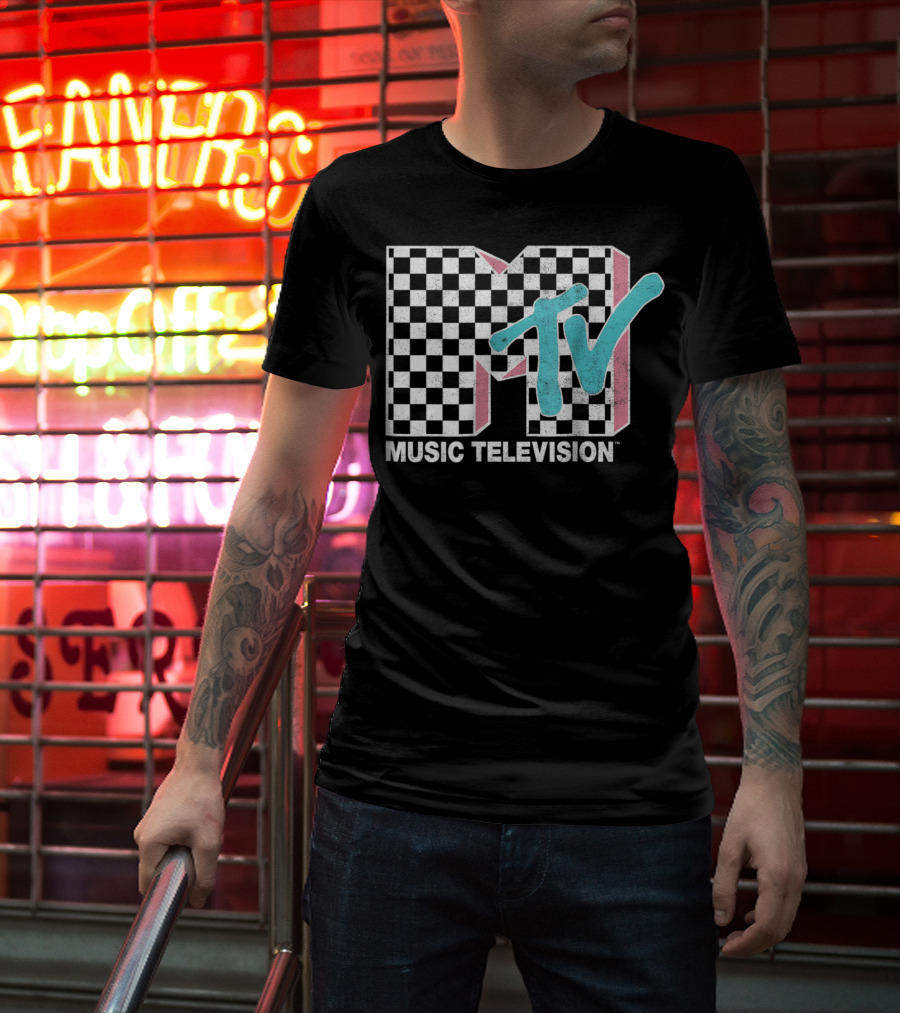 MTV Music Television Neon Distressed Checkered T-Shirt