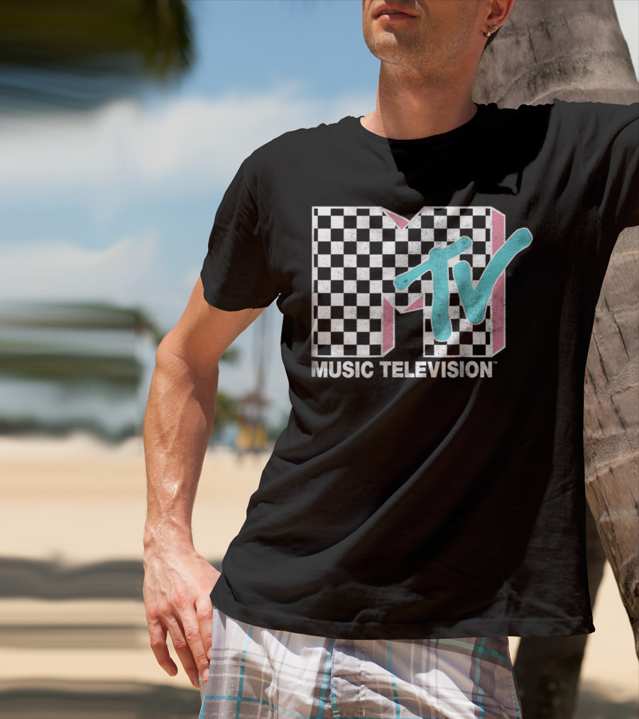 MTV Music Television Neon Distressed Checkered T-Shirt