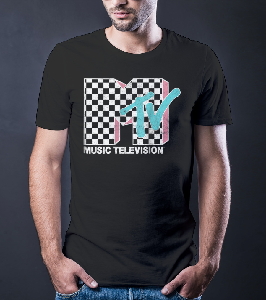 MTV Music Television Neon Distressed Checkered T-Shirt