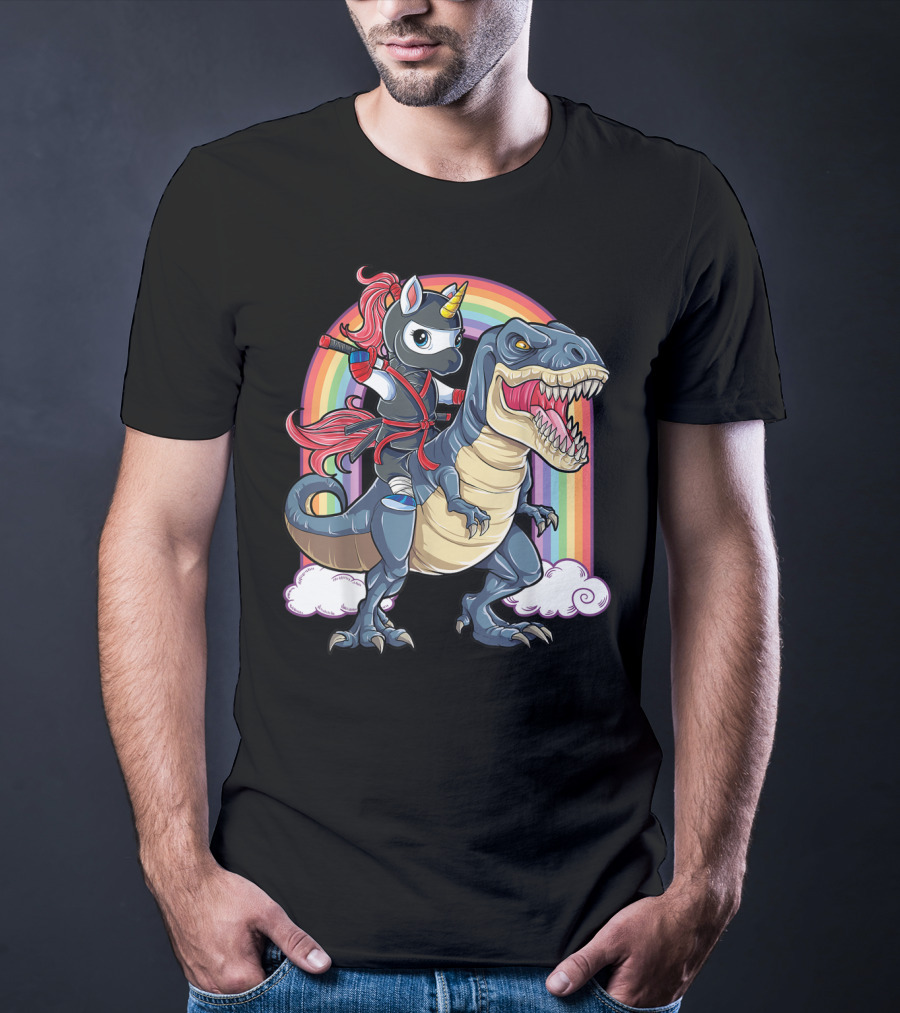 Ninja Unicorn Riding Dinosaur Rex Under Rainbow Clouds T-Shirt