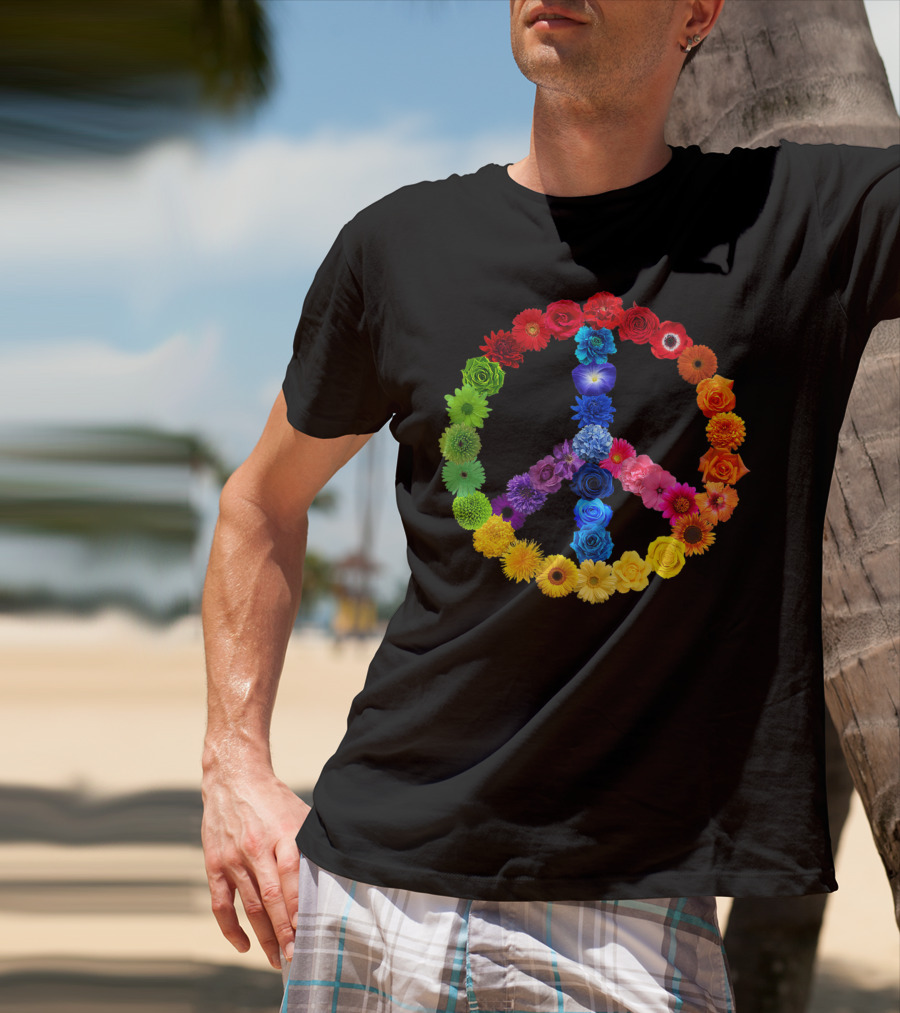 Rainbow Peace Sign Floral Love 70s 60s Retro Vibe T-Shirt