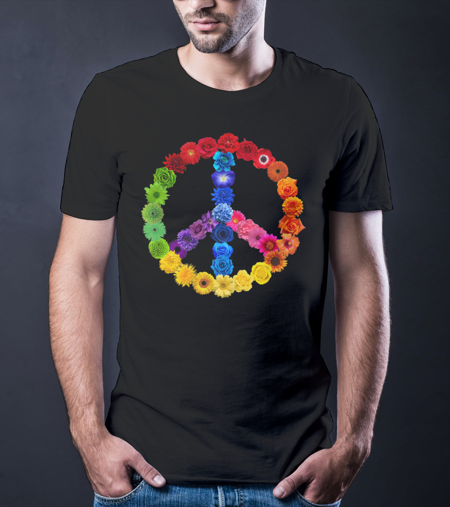 Rainbow Peace Sign Floral Love 70s 60s Retro Vibe T-Shirt