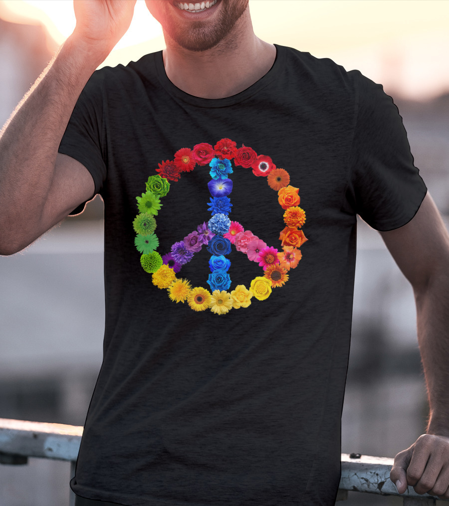 Rainbow Peace Sign Floral Love 70s 60s Retro Vibe T-Shirt